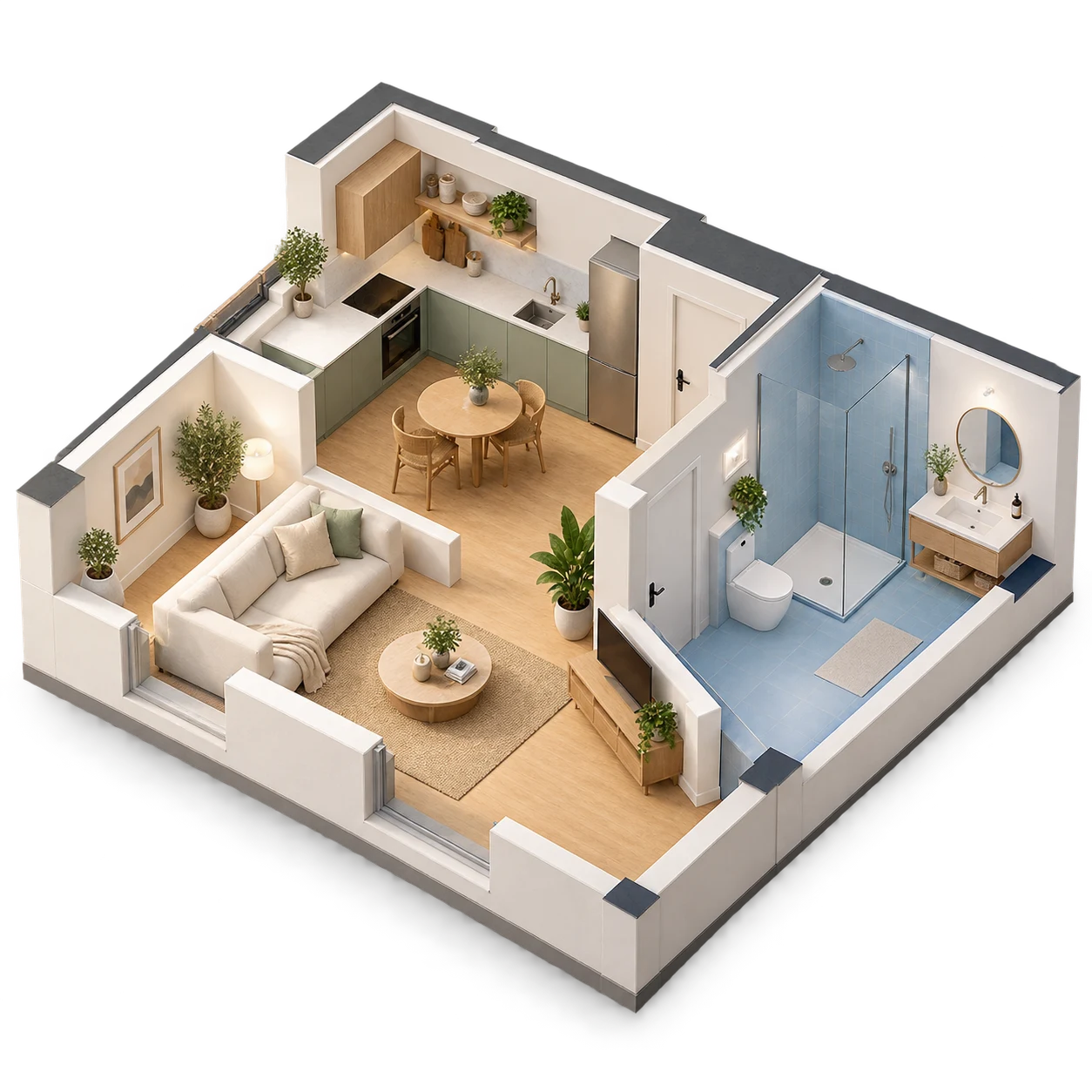 Logement en coupe avec un séjour, une cuisine et une salle de bain au carrelage bleu.